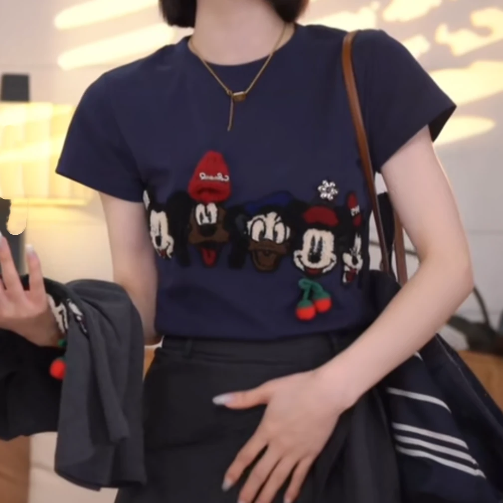 戴帽米奇卡通印花T恤女2025新款夏季流行款圆领短袖潮流休闲上衣