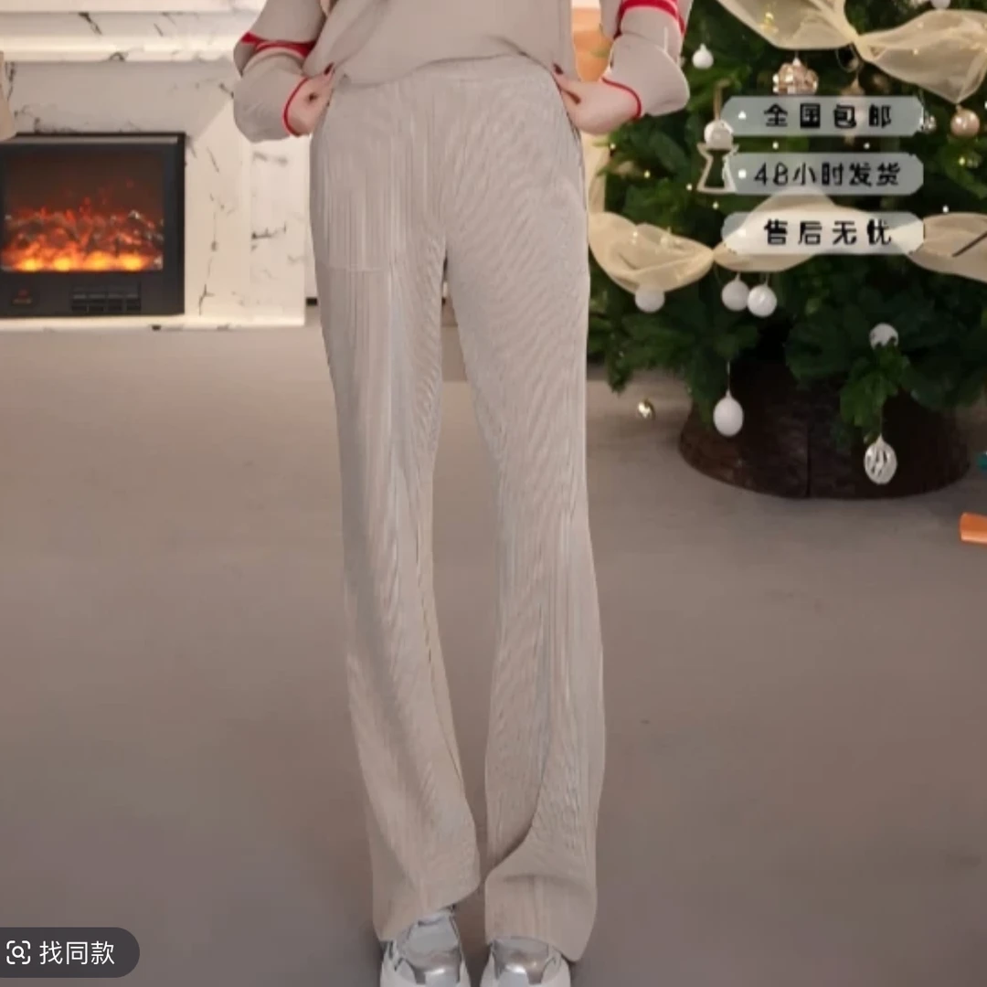 AMASS阿玛施新款雪尼尔松紧腰暗格纹直筒休闲裤5100386