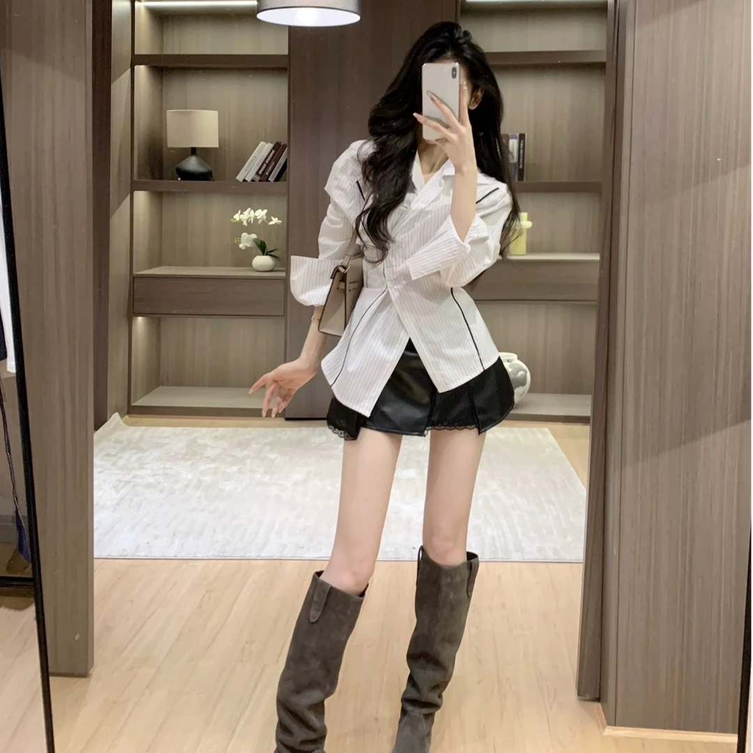 法式衬衫上衣女2025秋季设计感白色收腰衬衣气质显瘦高腰半身裙子