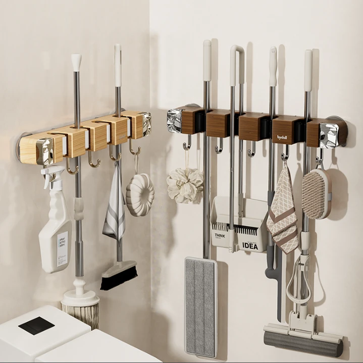 轻奢吸盘拖把架仿木纹吸盘免打孔