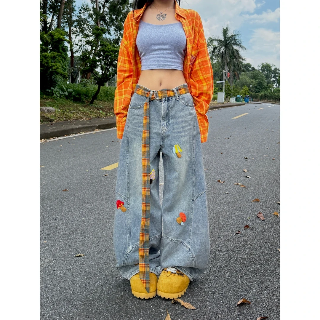 【送腰带】美式卡通毛巾绣弯刀牛仔裤女秋季宽松阔腿拖地镰刀裤子