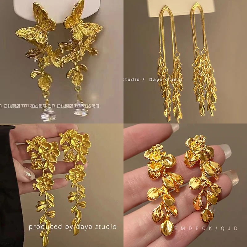 「月蝶鎏金」金色蝴蝶耳环女感流苏耳坠液态金属复古法式耳饰