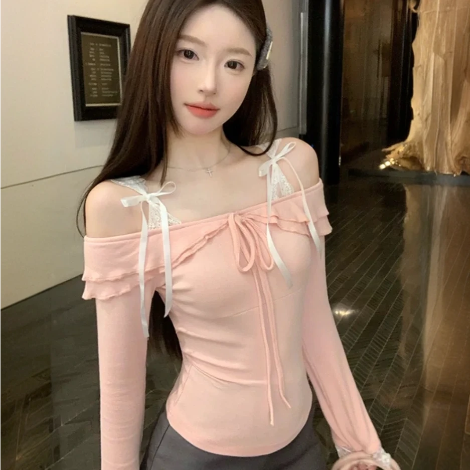 【小静粉丝专属】秋冬新款露肩蕾丝蝴蝶结假两件上衣纯欲一字肩T恤