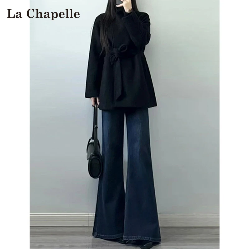 拉夏贝尔遮胯不贴腿微喇牛仔裤女秋新款高个子修身弹力高腰喇叭裤