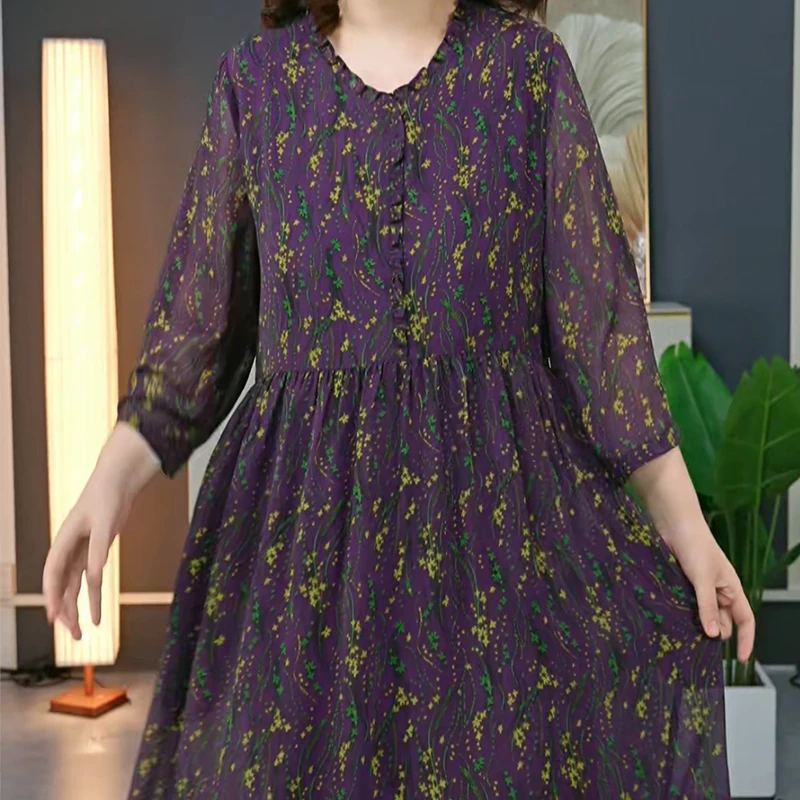 春秋季款大码女装清凉花色长袖气质木耳领显瘦遮腰连衣裙0092