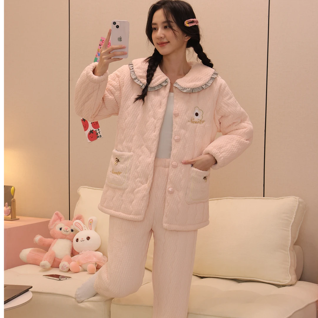2024新款秋冬季女士三层夹棉睡衣大码套装珊瑚绒加绒加厚家居服