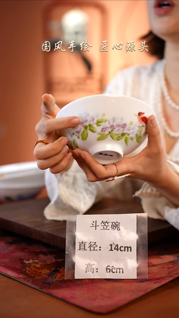 陶瓷景德镇高温釉中彩斗笠碗直径14高6