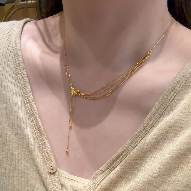 铜合金项链 超仙金色蝴蝶流苏项链女时尚小众高级感精美锁骨链