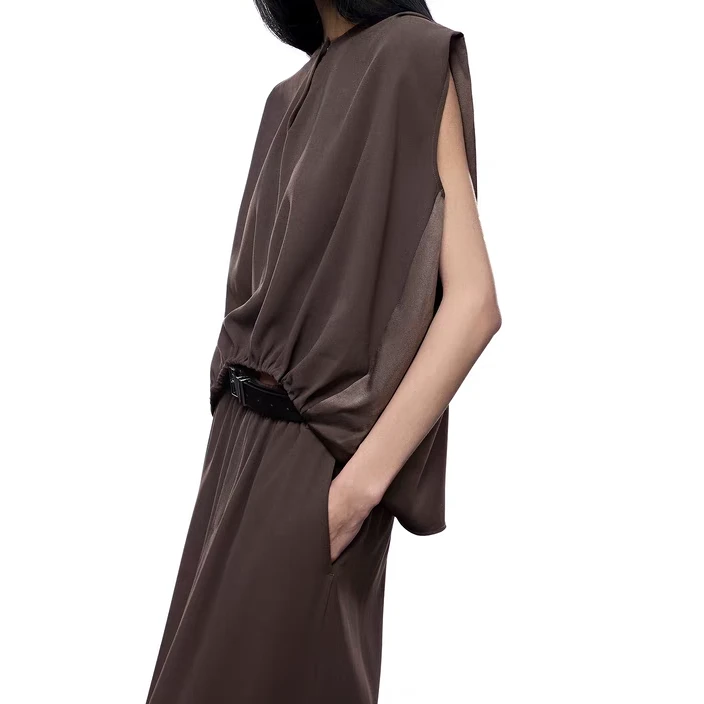 1797【醋酸缎背心】鄂圆领薄款宽肩设计抽褶上衣25年早秋新品女