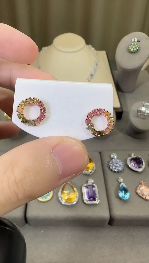 银S925镶嵌耳饰碧玺10mm耳钉