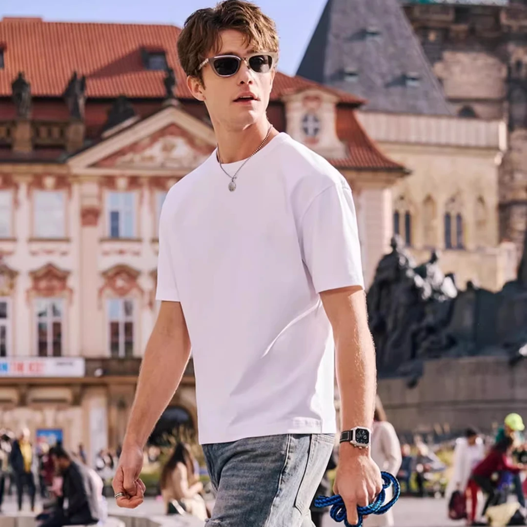 刺绣 高克重 男士短袖T恤衫 夏季薄款圆领t恤 透气吸汗棉白色t恤