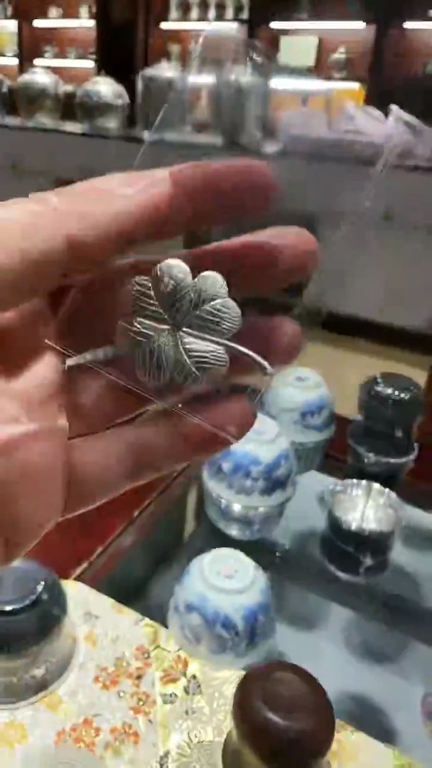 足银999精工手工茶摆件四叶草银叶子