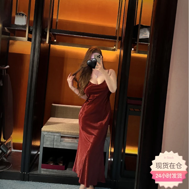 【现货】胖婷大码定制「浪漫之都」醋酸缎面性感修身收腰吊带连衣裙女