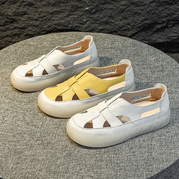 头层牛皮洞洞鞋夏季外穿休闲百搭平底牛筋软底凉鞋软皮久站护士鞋