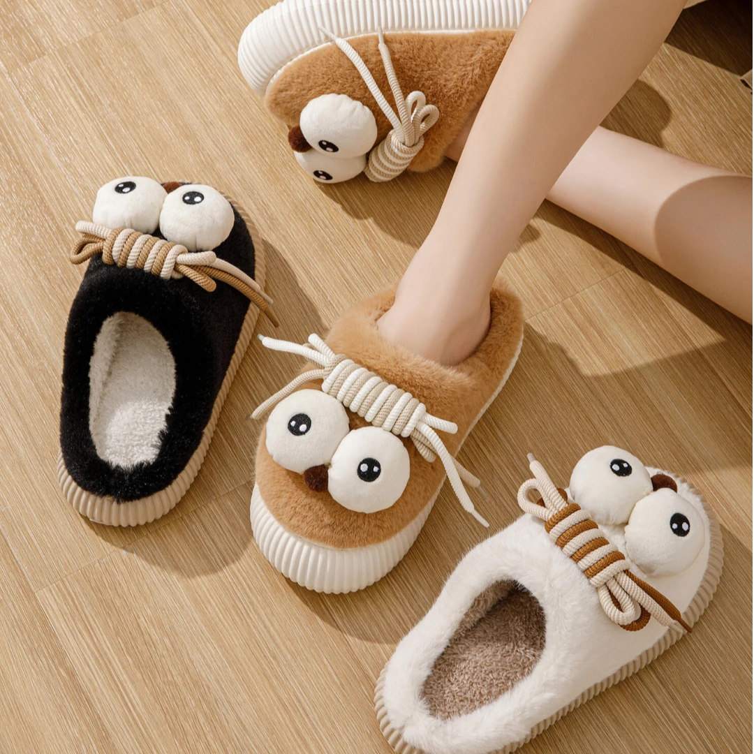 棉拖鞋女款卡通大眼室内家居防滑厚底保暖秋冬可爱百搭拼接外穿