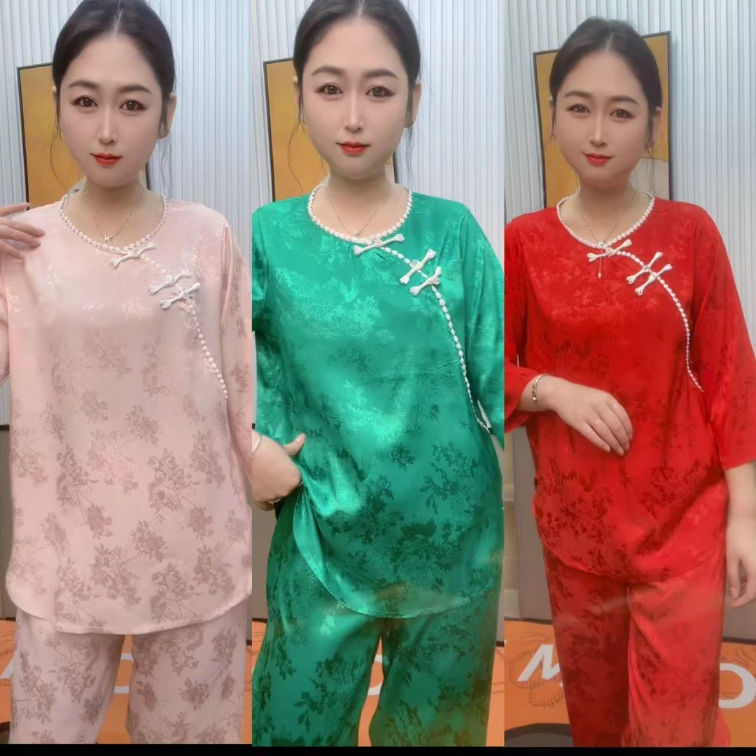 春夏新款家居服国风中式盘扣大码宽松女提花印花家居服套装