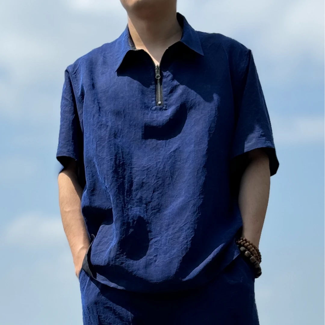 香云纱蓝龟POLO衫100%桑蚕丝上衣男士短袖薄款宽松中国风夏季衬衫