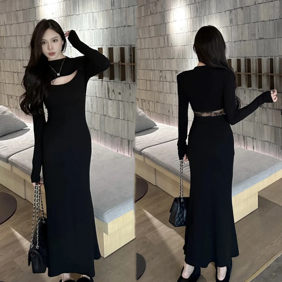 法式纯欲镂空黑色连衣裙女2025年秋冬季新款修身显瘦包臀鱼尾长裙