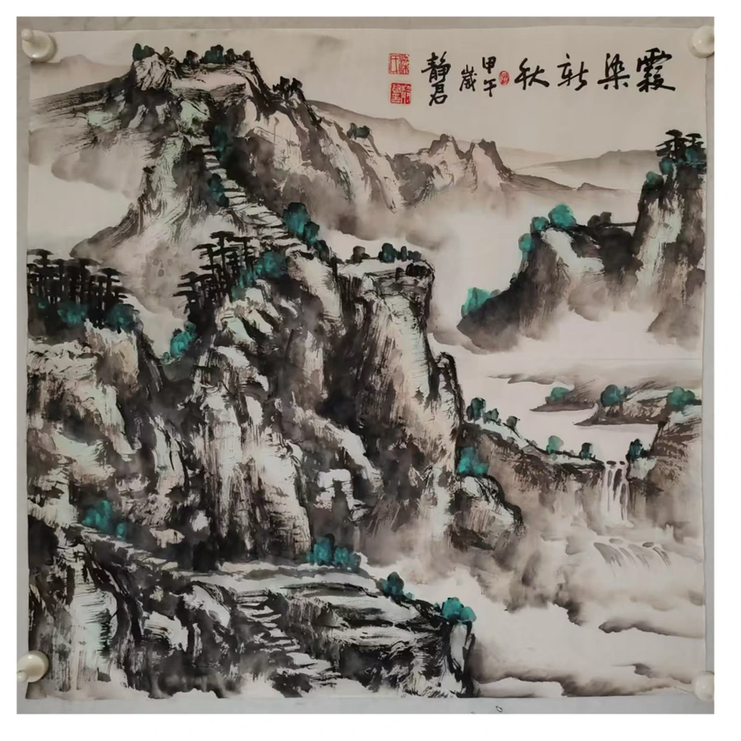 4474  纯手绘老字画《霞染新秋》斗方  68×68