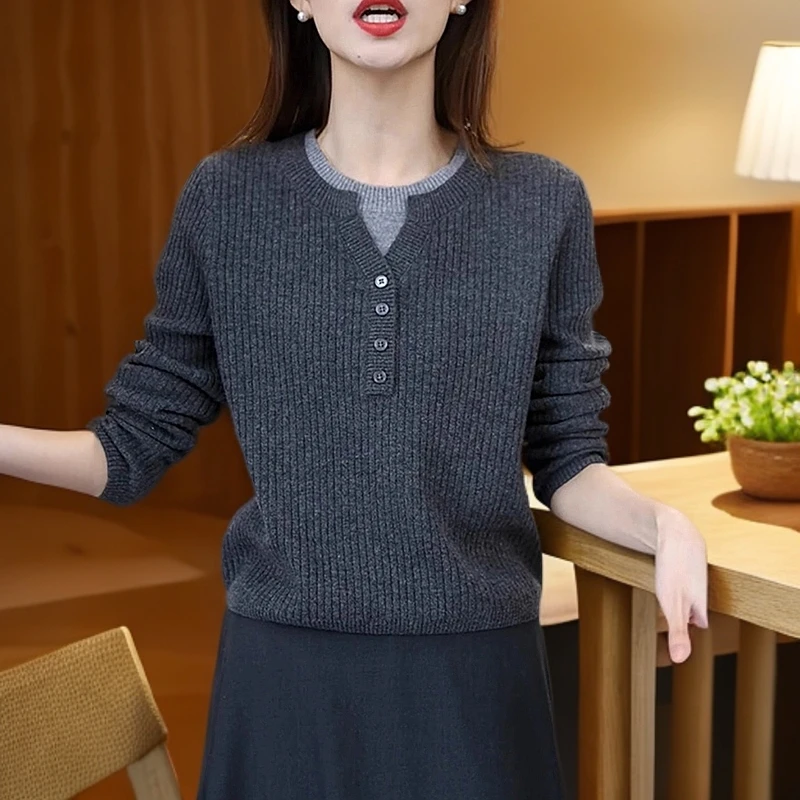 秋冬减龄新款百搭假两件针织衫女修身显瘦时尚打底衫毛衣洋气上衣