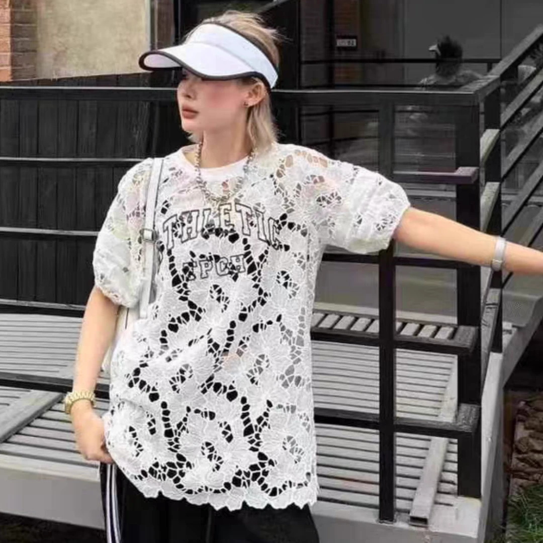 【济州岛】南油H1 蕾丝镂空字母印花短袖