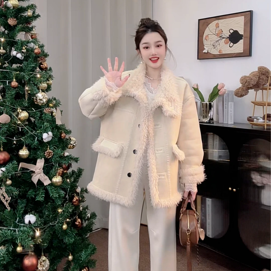 JY2024冬款上新韩版ins潮中长款百搭加厚保暖机车服外套皮毛一体