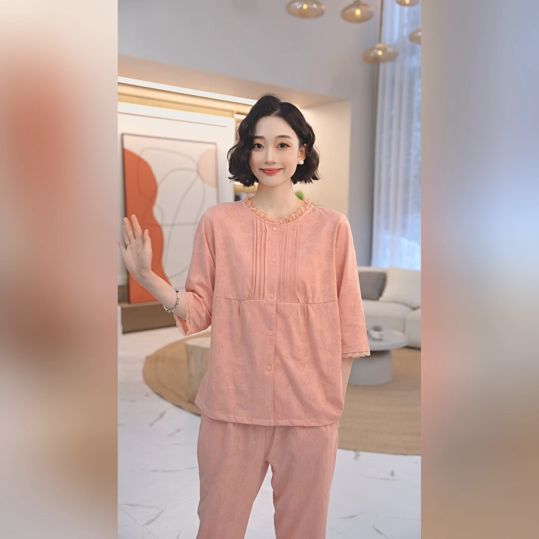 秋鹿针织牡丹花提花七分袖九分裤女舒适时尚睡衣