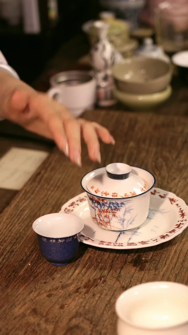 【斗彩翠竹三才】原创手绘手工窑变盖碗