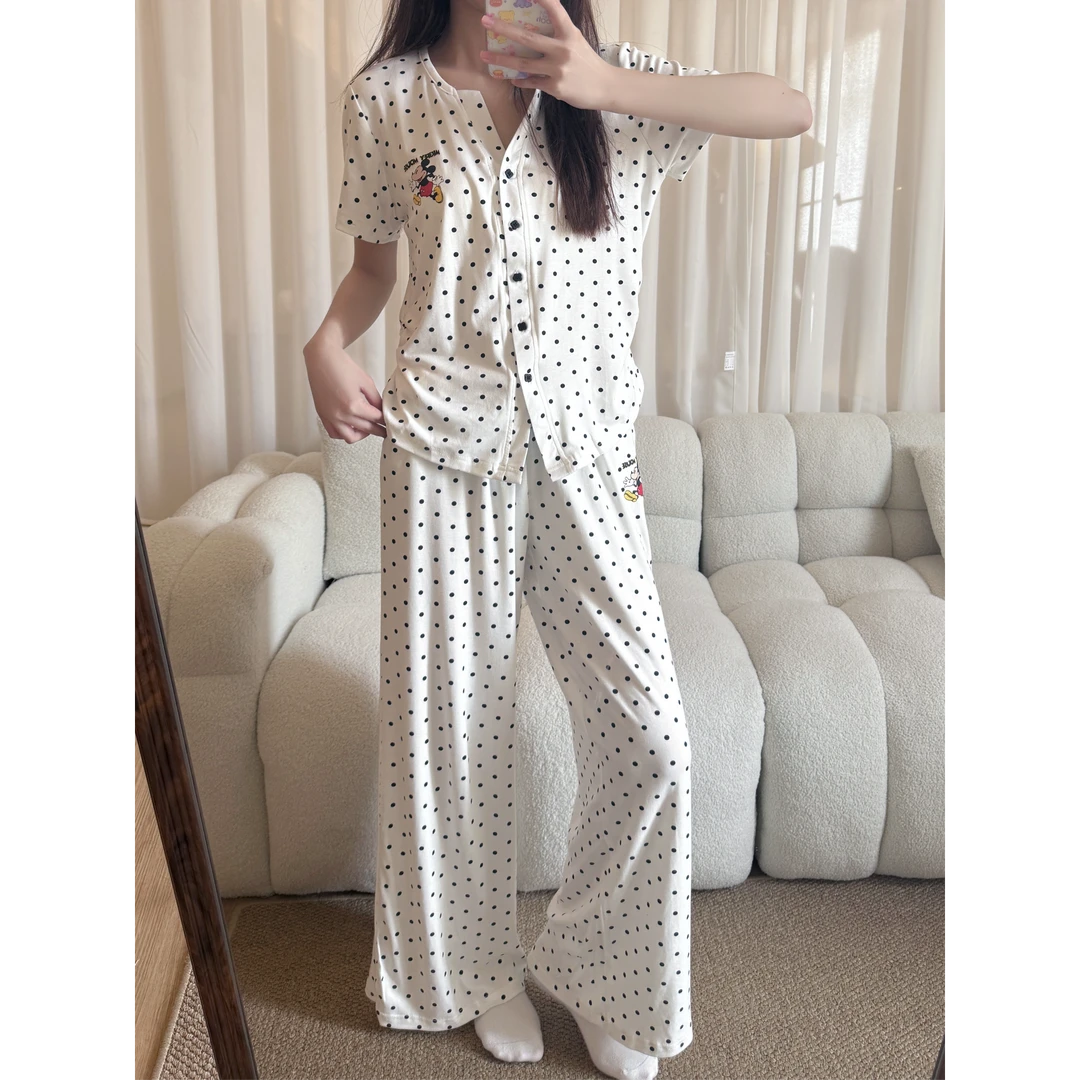 韩版ins小众波点短袖睡衣两件套夏季居家服套装外穿薄款长裤一套
