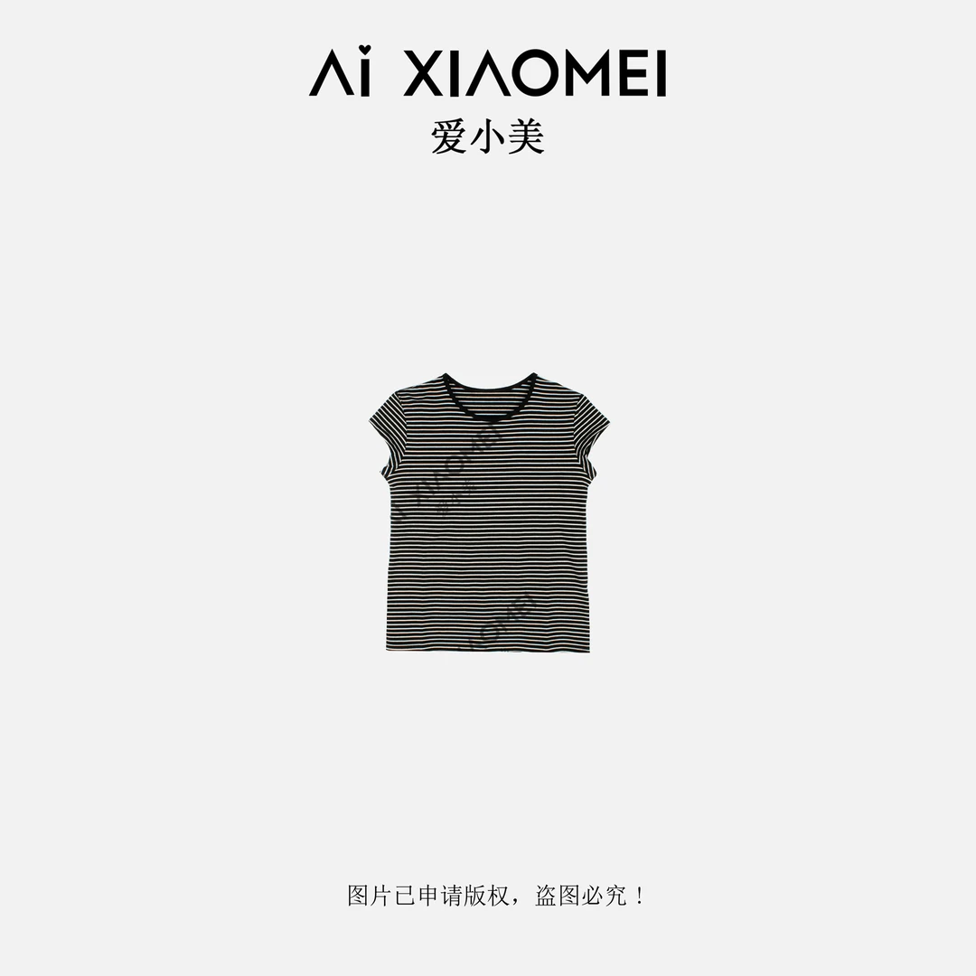 Aixiaomei/爱小美小飞袖百搭套头简约圆领条纹短袖T恤SY-2655