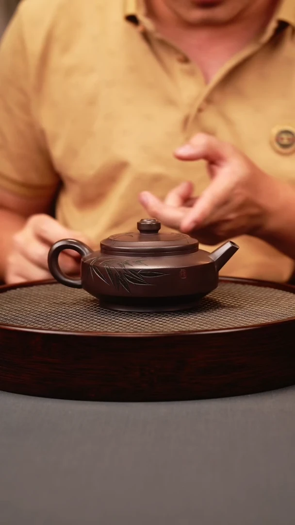 茶壶紫砂紫泥 周盘 刻竹