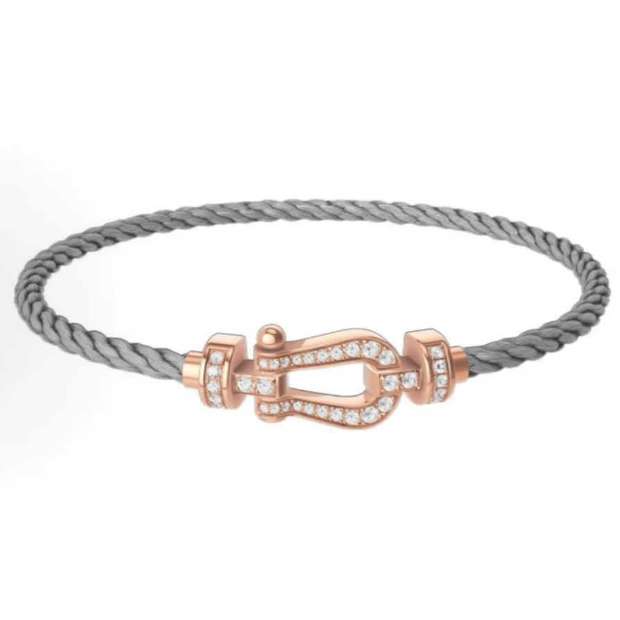 99新 FRED/斐登 斐登18K玫瑰金镶钻马蹄扣精钢绳手链14码