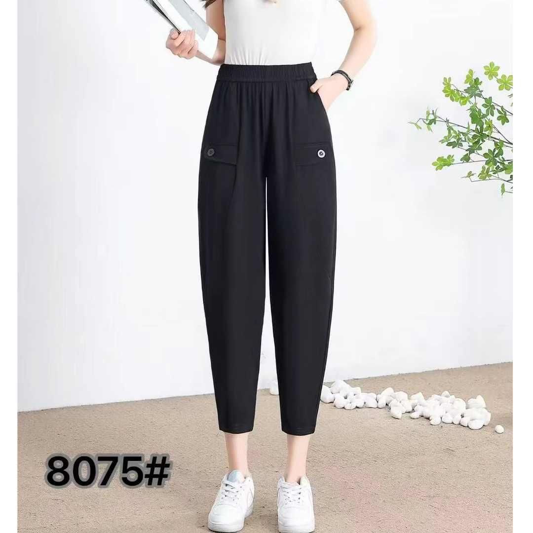 小施家时尚百搭显瘦松紧腰八分休闲萝卜裤8075