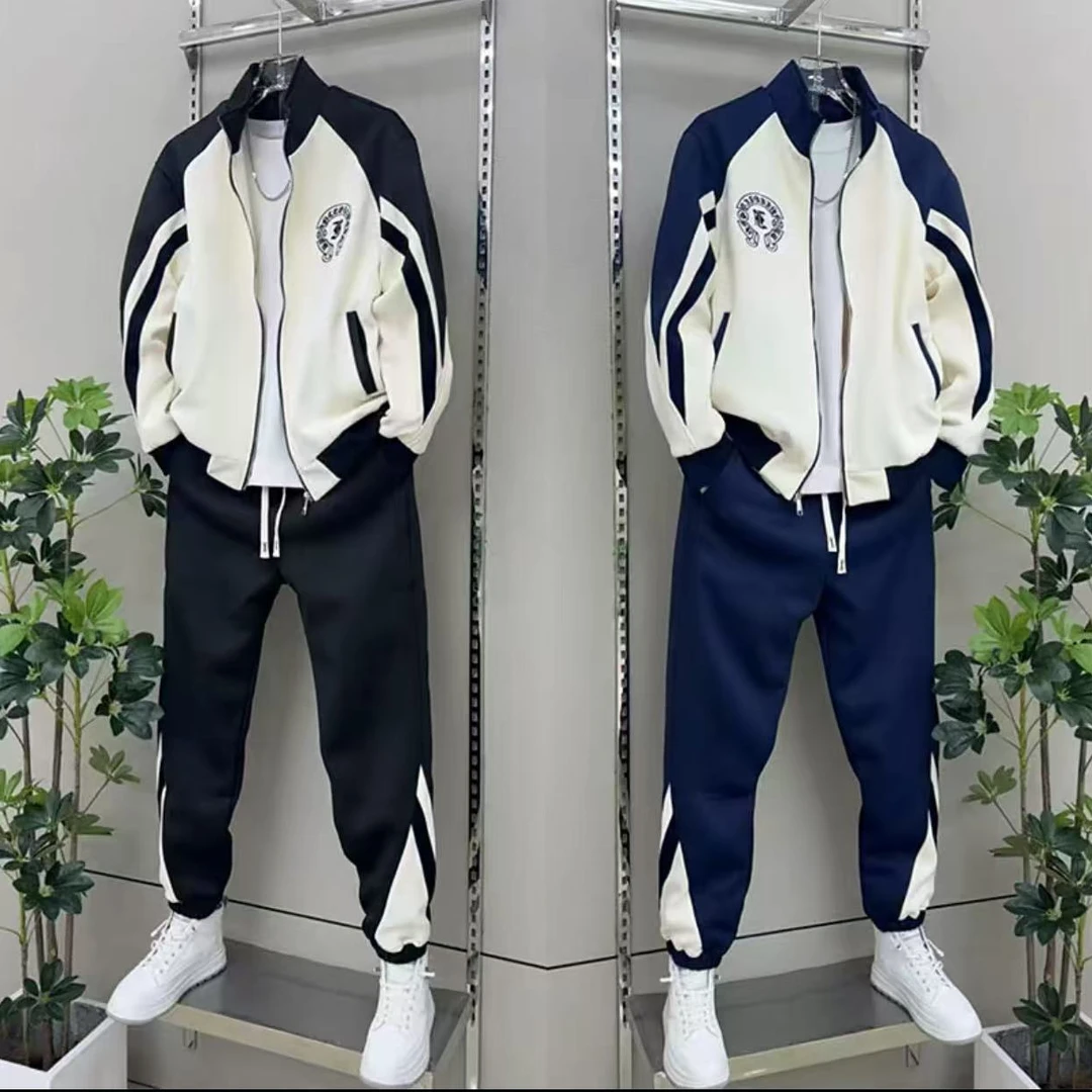 2025春季新款刺绣外套男运动休闲拼色两件套潮流棒球套装卫衣卫裤