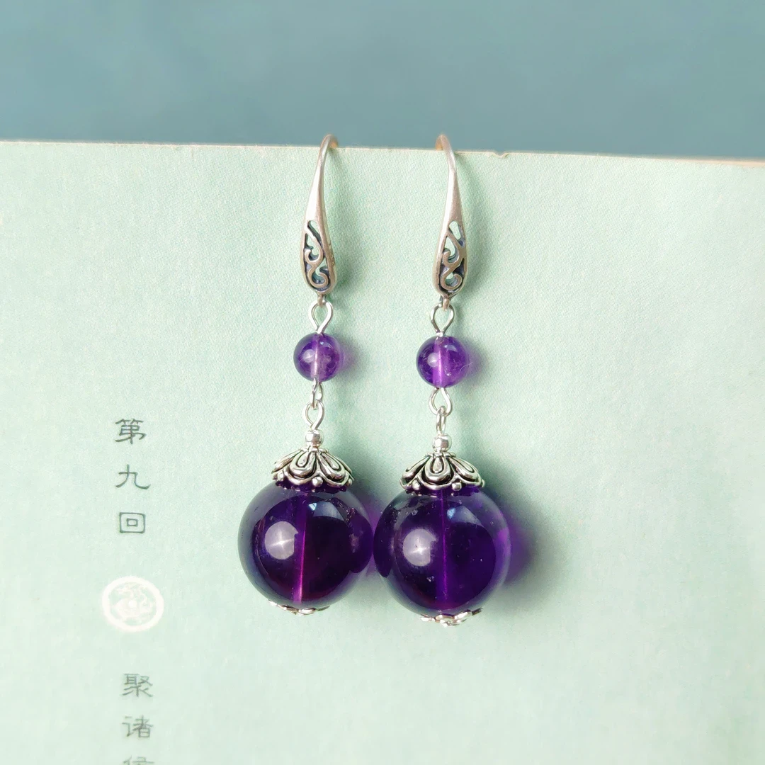 S925银天然巴西紫水晶14毫米圆珠耳坠银耳钩耳环耳饰811610