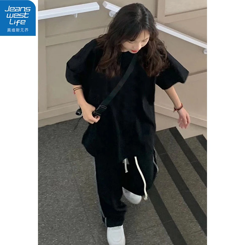 真维斯无界黑色纯棉女宽松T恤时尚休闲设计感百搭潮流学生短袖