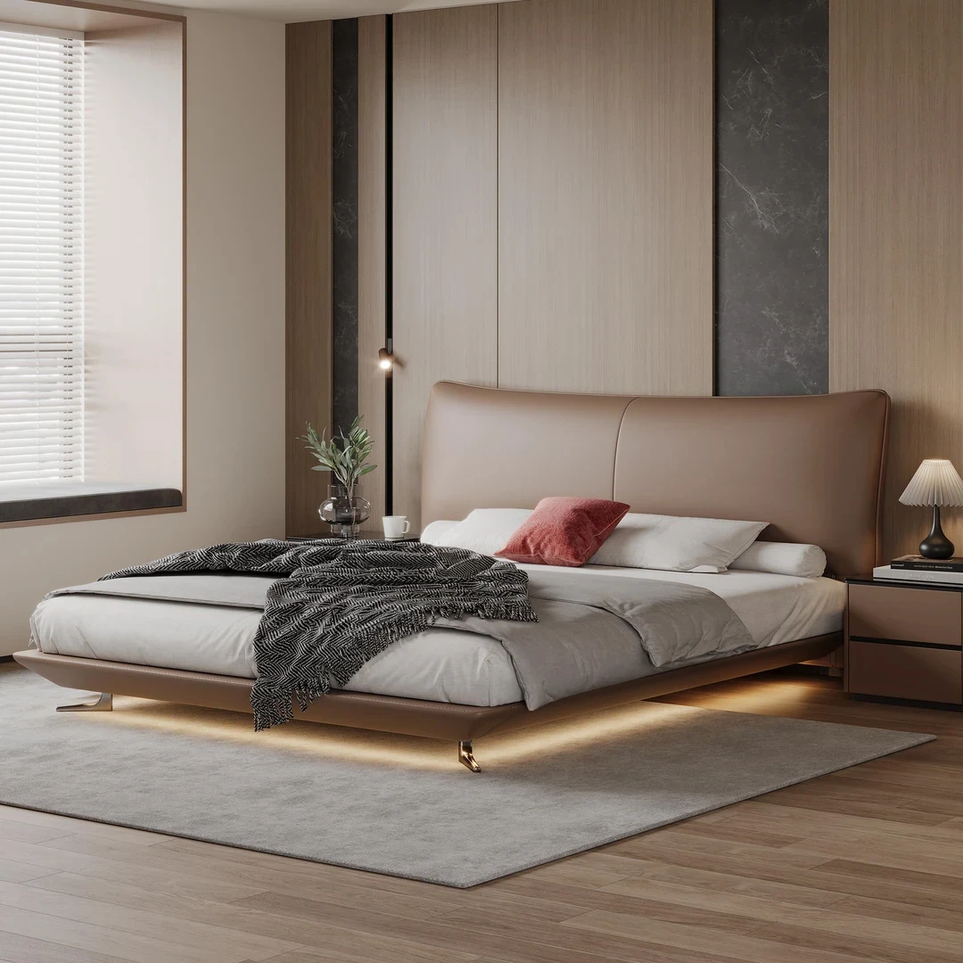 【香奈儿】双人床简约极简头层牛皮大床主卧婚床轻奢意式真皮床软床