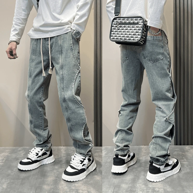2025秋季高街美式休闲扣子拼接水洗工装牛仔裤男设计感直筒牛仔裤