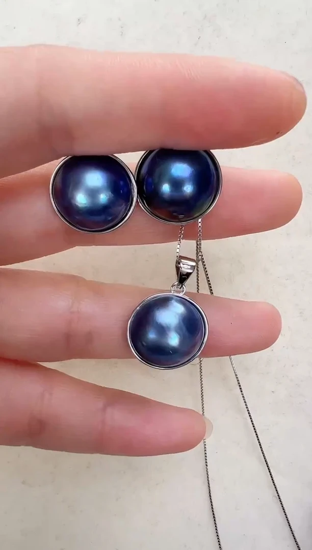 【闪购商品】拼合珍珠（马贝珠）耳饰银S925镶嵌蓝色光板套装