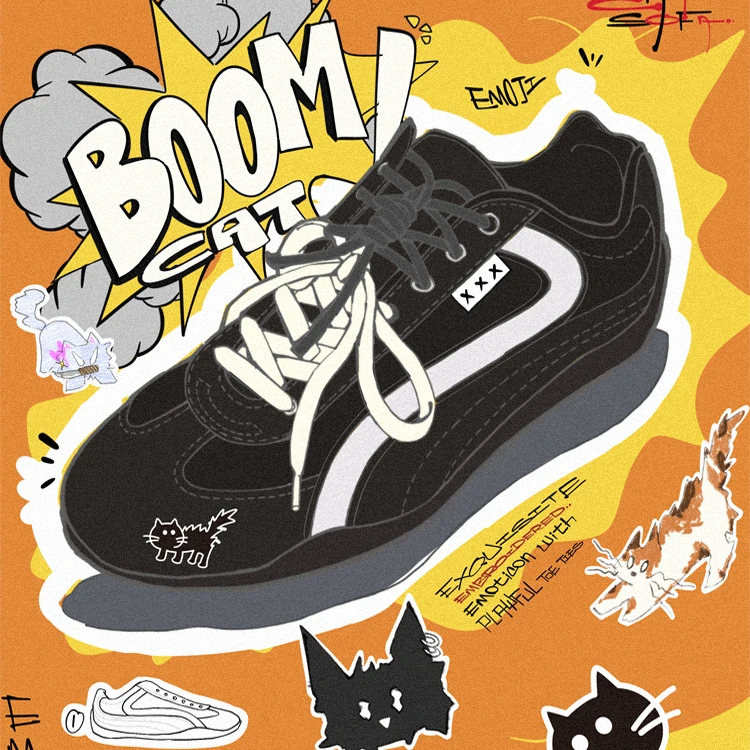 【emoji-lab系列】猫与沙发/炸毛猫黑色复古薄底赛车鞋