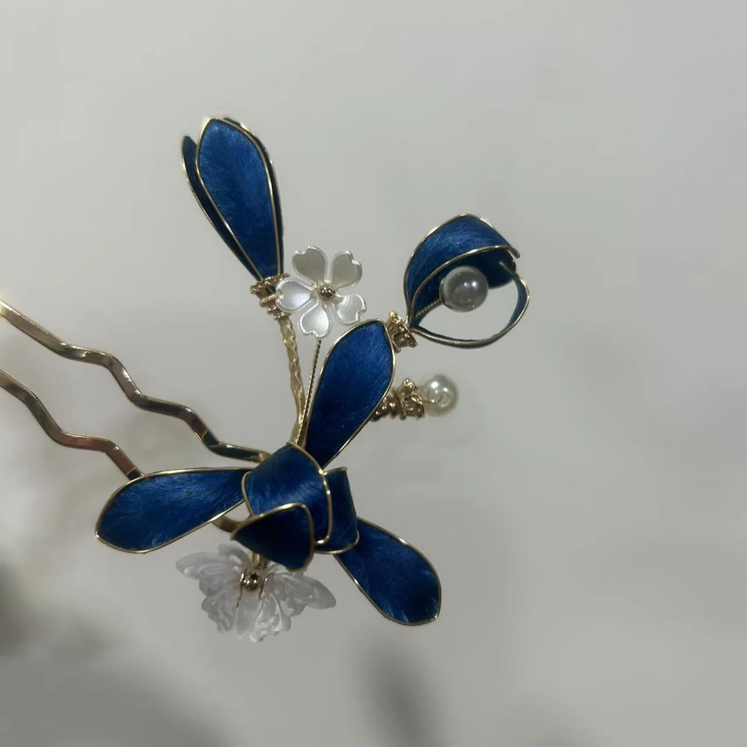 小青梅绒花发簪~宝蓝色小兰花