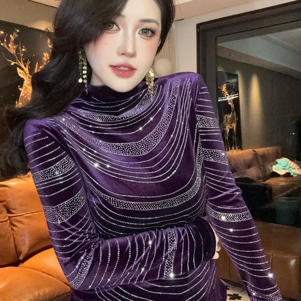 2025长袖休闲风新潮风烫钻镶钻女T恤网红针织时尚百搭打底衫Z859