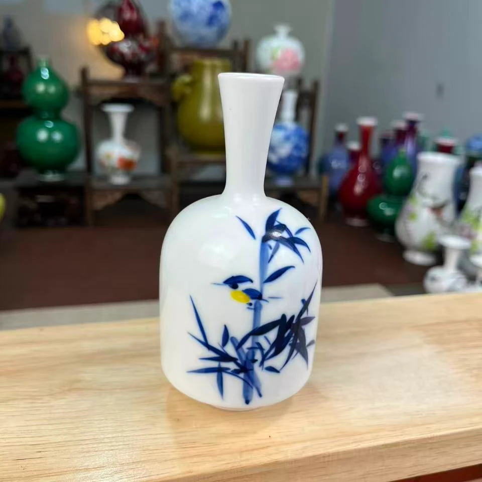 景德镇釉下青花竹鸟画片铃当尊