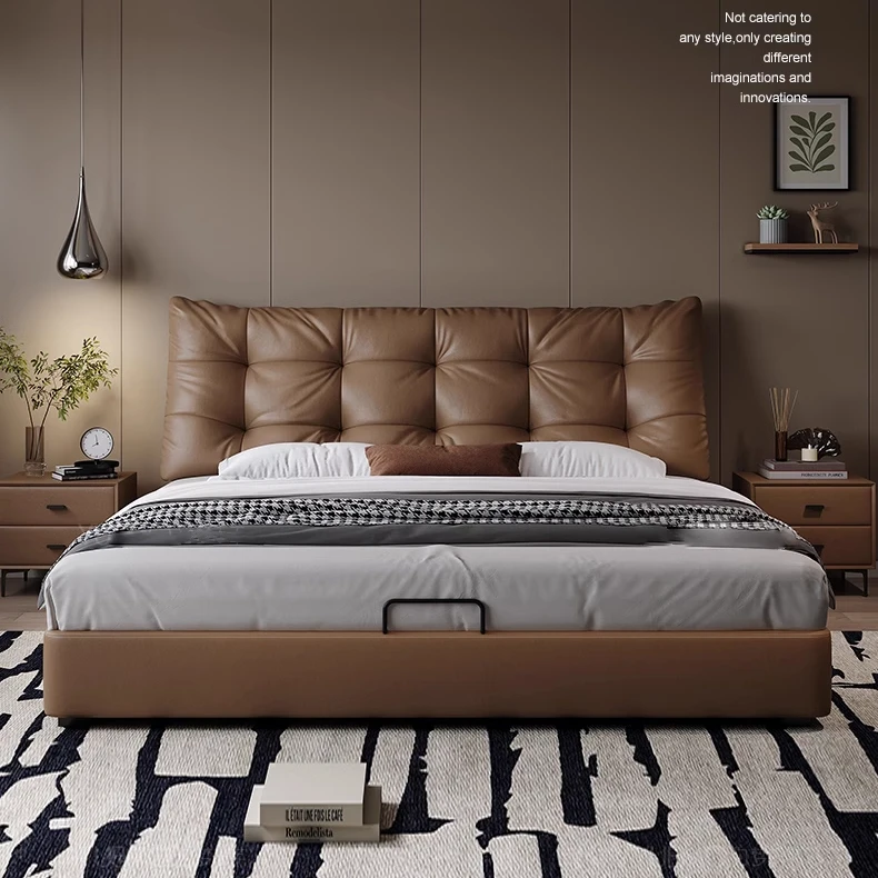 小户型榉木床板意式简约真皮双人床主卧高端大气轻奢软包辛巴婚床