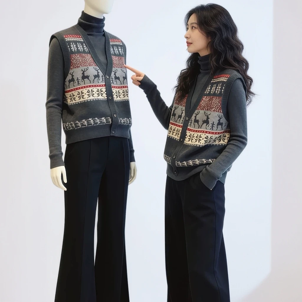 时髦提花复古慵懒风针织开衫女背心马甲女秋冬季新款宽松百搭上衣