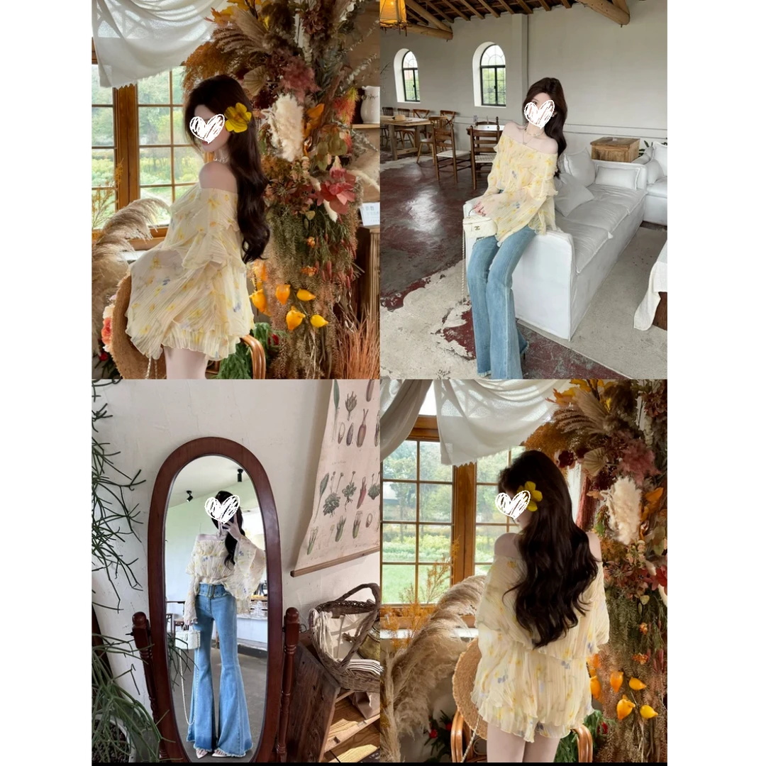 温柔风气质一字肩碎花上衣超火夏季新款甜美度假套装