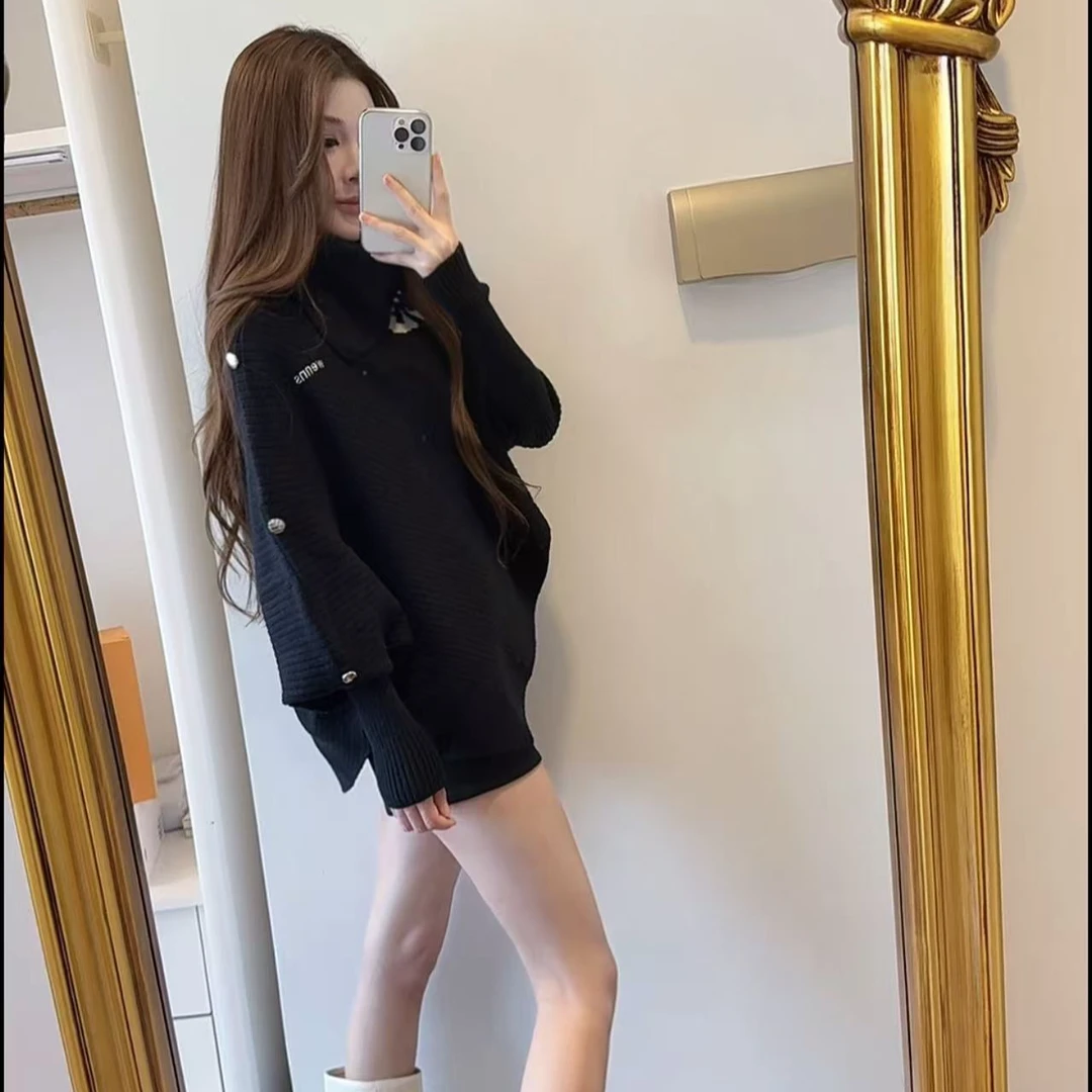 9347韩系花朵不规则斗篷高领毛衣