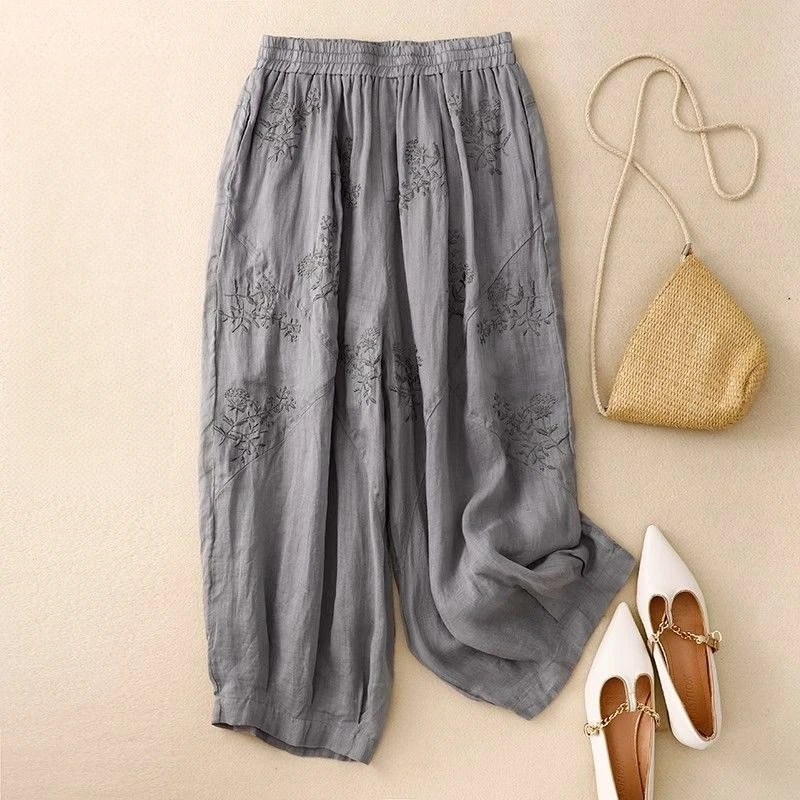 【现货+运费险】棉麻哈伦裤子夏季刺绣轻薄透气灯笼裤潮XH高腰宽松