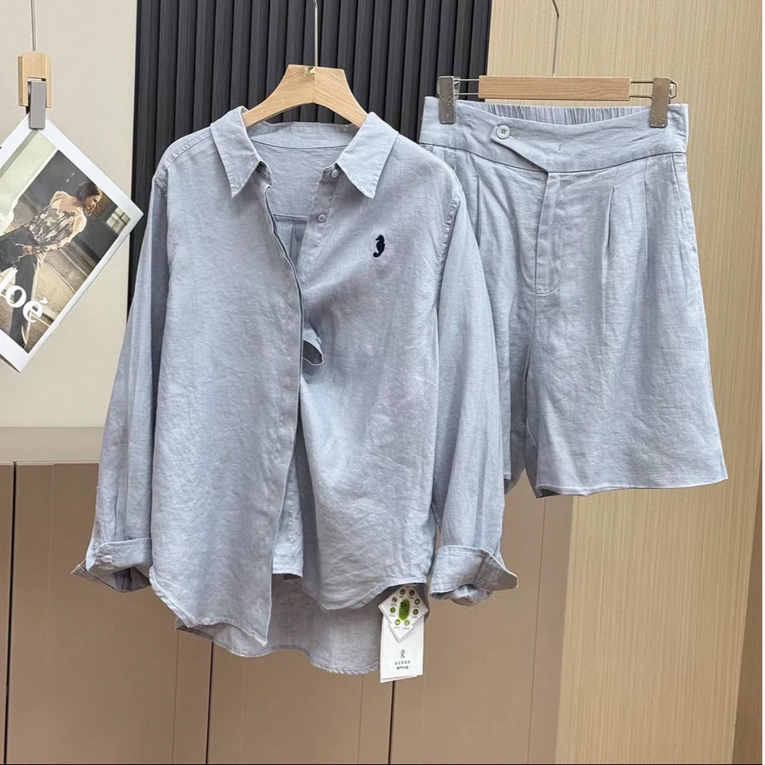 【6617】25年新款夏日清爽小海马刺绣100%亚麻衬衫裤子套装