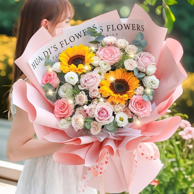 【一路生花】两枝向日葵7枝粉玫瑰泡泡花束送老师朋友长辈祝福礼物鲜花小时达配送上门